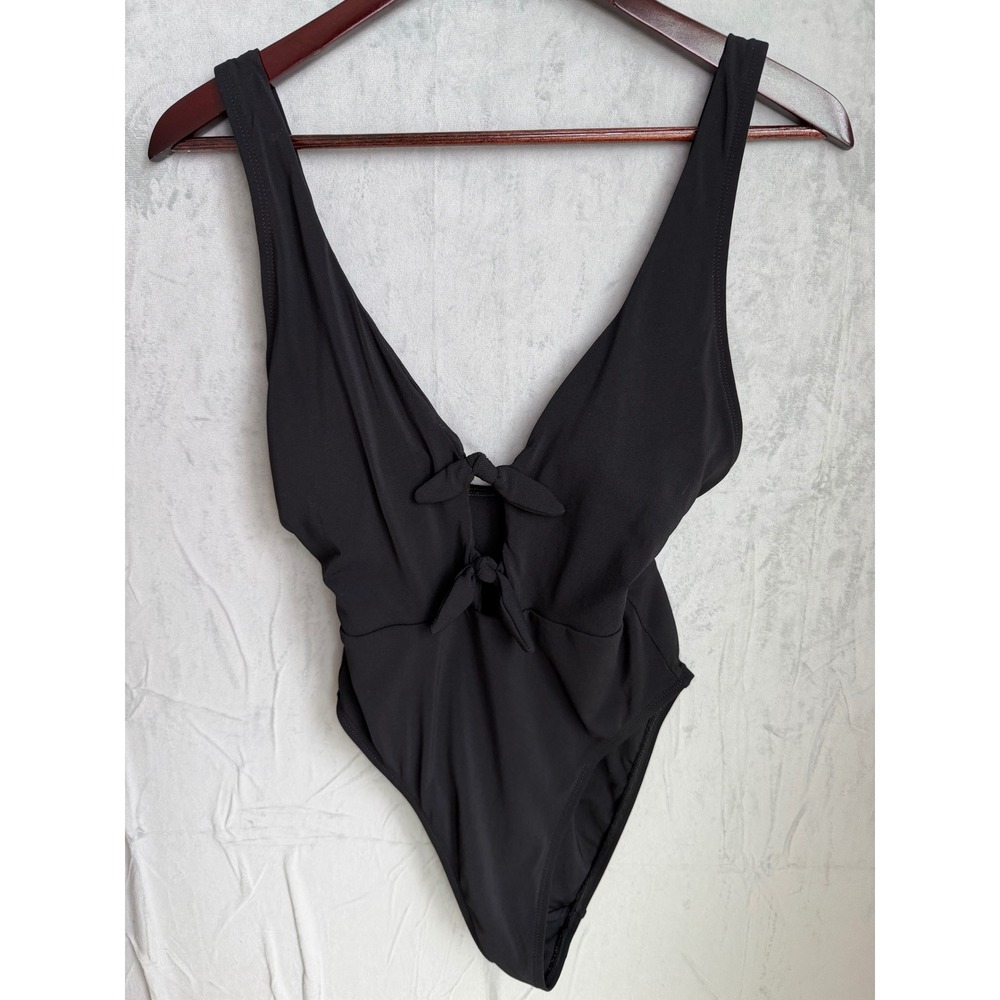 Robin Piccone Ava Plunge Front Tie‎ Minimalist One Piece Swimsuit Womens 6 Black
